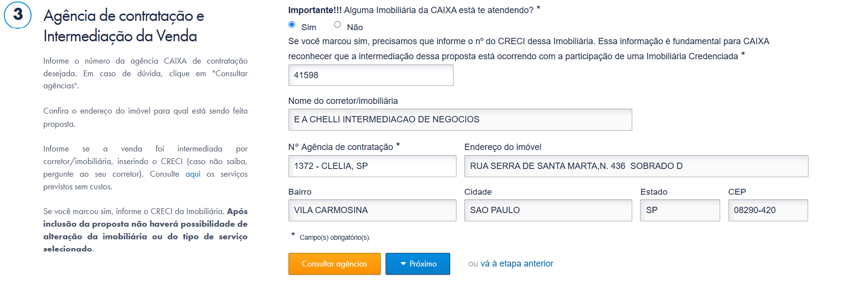 Etapa 3 no site da CAIXA, com o CRECI 41598 e a agência 1372 - CLELIA, SP.